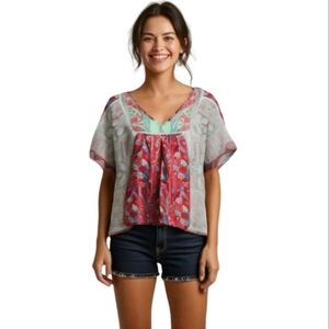 NoraCora Women's Multicolor Bohemian Top Floral Boho Cotton- blend Blouse